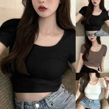 Verano Mujer Sólida Estrecha Manga Corta Camiseta Basic Moda Top para el