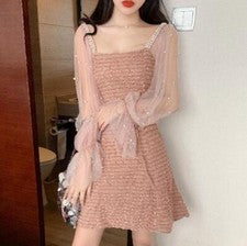 Vestido para mujer dulce empalme manga larga calce ajustado cintura alta falda media moda