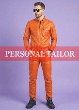 Conjunto estilo pantalón vaquero y camisa de cuero naranja 100 % piel de cordero para hombre bolsillos en el pecho