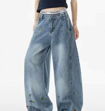 Pantalones de mezclilla azules para hombre de pierna recta calce suelto insignia moda punk pantalones pantalones pantalo