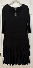 Vestido para mujer Linea Domani entallado y acampanado talla M negro poli tejido volantes evento nuevo con etiquetas