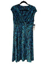 Maxi vestido para mujer Chaps cuello en V elástico azul negro estampado línea A talla: grande nuevo con etiquetas