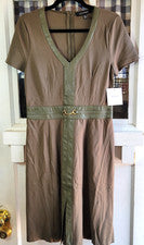 Vestido de mujer Ellen Tracy verde oliva manga corta cuero vegano delantero talla S nuevo con etiquetas