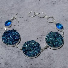 Brazalete de plata de ley 925 con piedras preciosas de topacio azul druzy de titanio 7-8" m730
