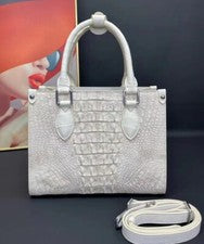 Bolso de hombro para mujer blanco/negro hecho a mano de cuero genuino de piel de cocodrilo