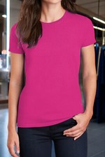 Camiseta Mujer Algodón Básico Fucsia Manga Corta Cuello Redondo Talla S Gildan