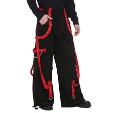 Moda Gótico NEGRO Pantalón y Correas Rojas Cremallera Metal Cadenas Punk Rock Pantalones