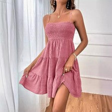 Mini Vestido Para Mujer Rosa con Correa de Espagueti Calado Verano Volantes Ropa Informal M