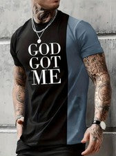 Camisetas DIOS ME CONSIGUIÓ Bloque de color Negro Azul Moda Cristiana Camiseta Informal