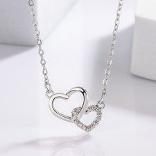Collar colgante de doble corazón de cristal de plata de ley 925 para mujeres niñas joyas