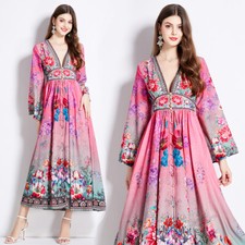 Nuevo Vestido Primavera Moda Retro Estilo Étnico Para Mujer Cuello en V Estampado Mangas Largas