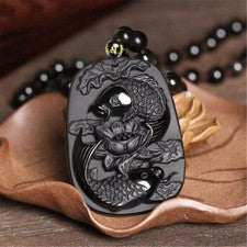 Obsidiana Natural Pez Loto Colgante Perlas Suerte Cadena Collar Joyería