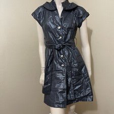 Vestido para mujer gris metálico poliéster informal brillo cinturón forrado talla S abotonado