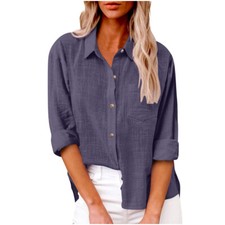 Blusa de manga larga de moda de otoño de algodón y lino con botones para mujer