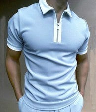 ⭐⭐Polo Camiseta Hombres Cremalera Cuello Moda Golf Azul Claro Blanco Trim Tee