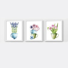 Impresiones de pared de flores en una taza, impresiones de pared florales de cocina, decoración floral para el hogar