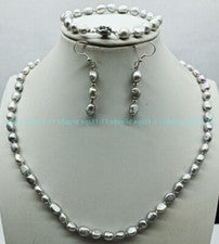 Encantador conjunto de joyas collar pulsera pendientes perlas grises de agua dulce de 7-8 mm