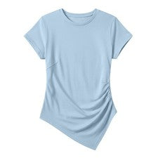 Camiseta para mujer con dobladillo irregular manga corta con diseño plisado de cintura ceñida