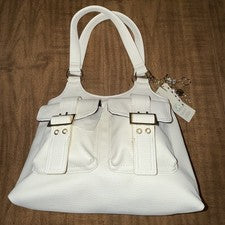 Bolso de mano No Boundaries para mujer de cuero sintético de moda con 4 pósters marfil