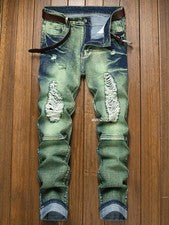 Pantalones de mezclilla deshilachados desgastados para hombre ajustados informales de moda pantalones de mezclilla rasga