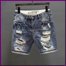 Moda Pantalones Cortos Coreanos De Colección Para Hombre Verano Denim con Agujeros Envejecidos Calce Ajustado