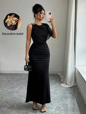 Elegante vestido de patchwork de gasa para mujer en negro