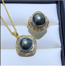nuevo Precioso AAAA10-11mm Natural Mar del Sur REDONDO Perla Negra Colgante y Anillo Set