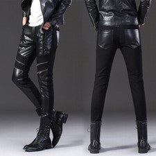 Moda Para Hombres Informales Cuero PU Pantalones Ajustados Delgados Club Nocturno Motocicleta Pantalones