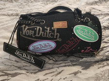 RARO! ¡Bolso de mano Von Dutch estilo Y2K denim oscuro con estrás y parches barril! ¡LO ÚLTIMO!