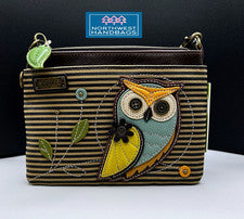 MINI BOLSO BANDOLERA BÚHO PÁJARO VIDA SILVESTRE RAYAS OLIVA CHALA