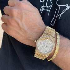 Reloj pepita para hombre simulado helado circonita cúbica chapado en oro con pulsera conjunto de joyas hip hop