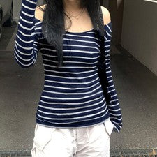 Prenda para el torso informal versátil calce ajustado de manga larga a rayas de moda para mujer