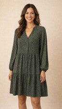 Nuevo sin etiquetas Vestido Nine West para mujer L verde negro estampado de leopardo en capas cuello en V