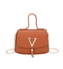 Mini bolso sin asas de hombro bandolera con escudo en V dorado y borla de cuero para mujer
