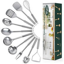 Juego de 10 utensilios de cocina, utensilios de cocina de acero inoxidable, cocina de metal...