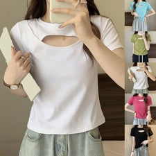 Camisetas monocromáticas verano manga corta para mujer moda huecos M 2XL