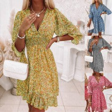 Damas Túnica Tropical Solero Manga 3/4 Mujeres Vestido de Vacaciones Cuello en V Columpio