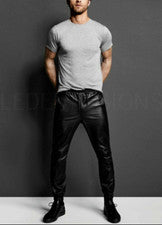 Pantalones de chándal de cuero genuino para hombre Pantalones de cuero negro Moda estilo libre