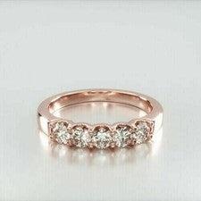 Alianza de boda de cinco piedras redonda de 1,40 quilates de moissanita real chapada en oro rosa de 14 quilates en plata