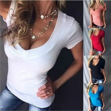 Sexy Camiseta Top Básica Para Mujer Cuello en V Profundo Ajustada Algodón Manga Corta Elastizada
