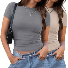 Paquete de dos camisetas básicas de cuello redondo para mujer XIEERDUO gris claro caqui S