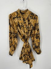Mini Camisa Vestido Para Mujer Vici S Negro Amarillo Cachemira Corbata Cintura Botón Delantero Nuevo Sin Etiquetas