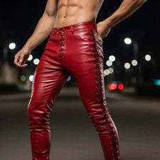 Pantalón de cuero rojo suave de vaca real para hombre con cierre de cordones Pantalón de motociclista