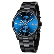 Reloj de cuarzo cronógrafo impermeable de acero inoxidable para hombre, cara azul, fecha automática