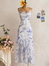 Elegante Vestido Tirantes Mujer Estampado Floral y Dobladillo Asimétrico