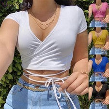 Sexy Camiseta Pequeña Moda Para Mujer Color Sólido Cuello en V Manga Corta Correa Ombligo