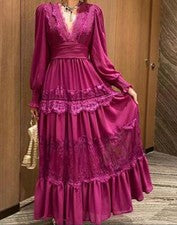 Mujer 2024 Moda Retro Perspectiva Mangas Campana Cuello en V Cintura Alta Vestido Largo