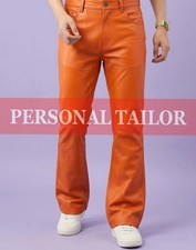 Pantalón de mezclilla de cuero de piel de cordero naranja genuino para hombre estilo bootcut pantalón 5 bolsillos