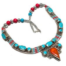 Collar Turquesa Coral Amarillo y Rojo Increíble Joyería Nepalí Tibetana 18" NN 7262