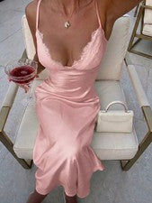 Vestido de moda de patchwork de encaje liso, elegante e informal para mujer